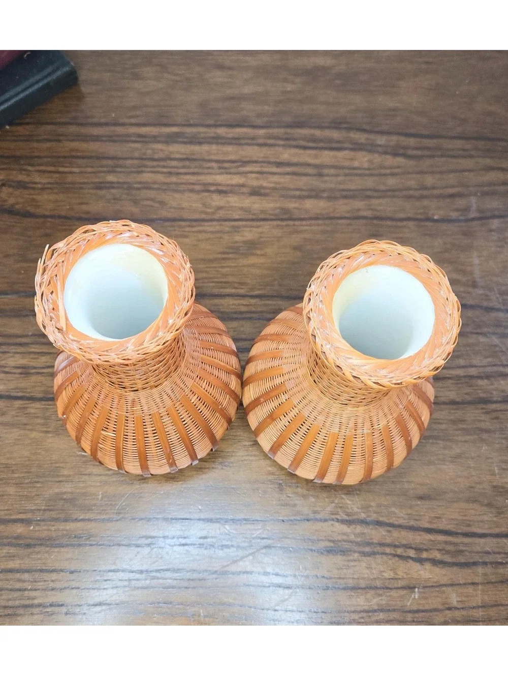 Vintage Bamboo Wrapped Ceramic Boho Vases, Set of 2